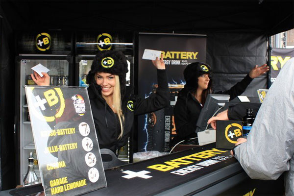 Tent for energy drink promotion using Justincase mobile bar system
