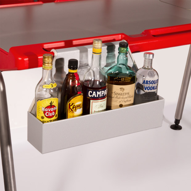 Speed rack for the Justincase portale bar system. The speed rack holds up to five bottles, and you can place two of these speed racks in each mobile bar